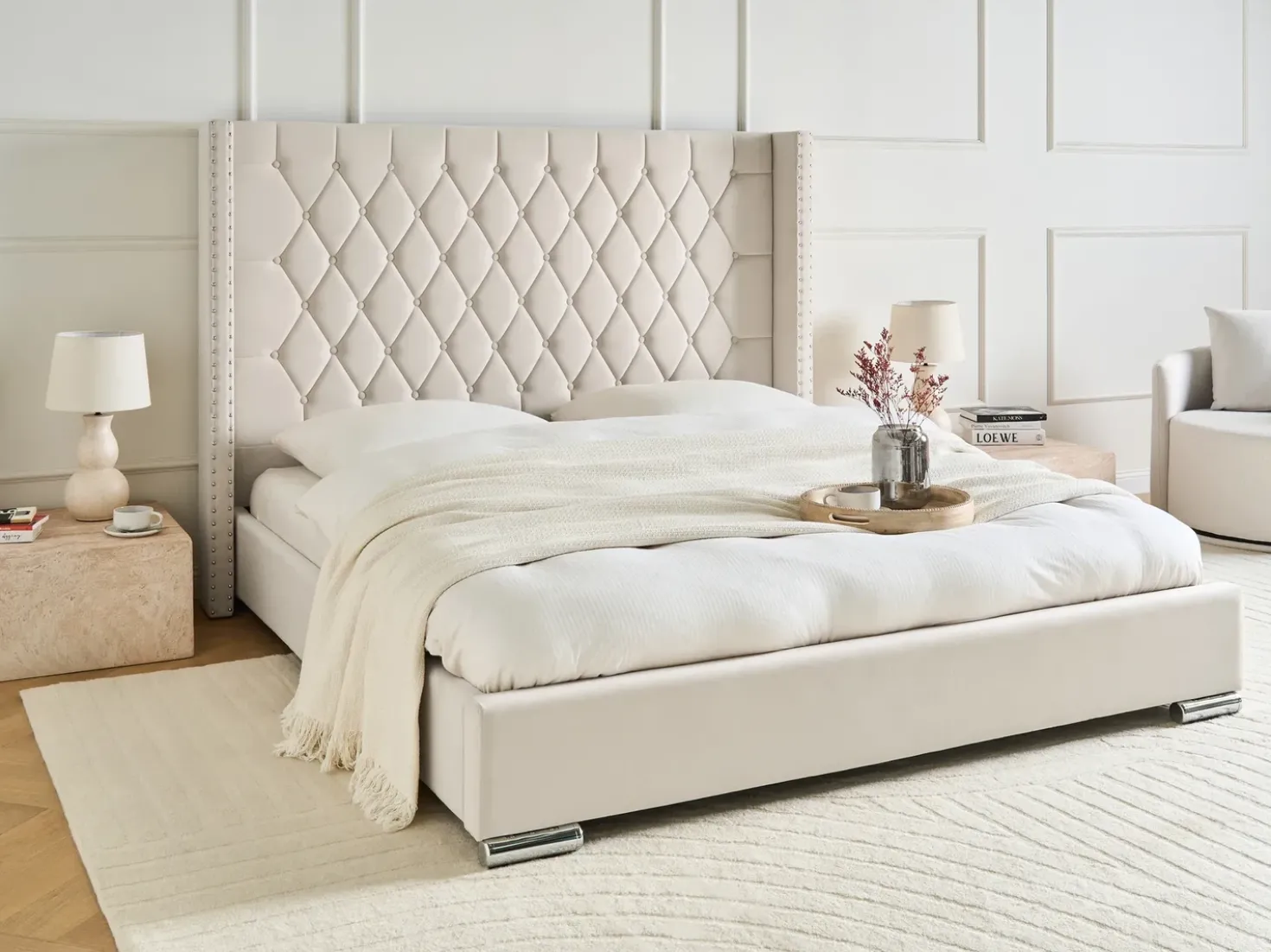 Letto Velluto LUBBON 180 x 200 cm Bianco sporco