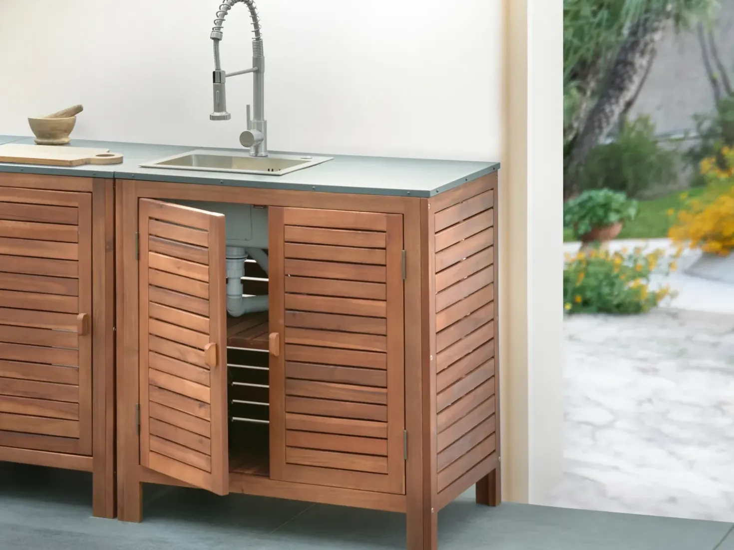 Mobile da cucina per esterni con lavello BRUCOLI Legno d'acacia Marrone/Argento