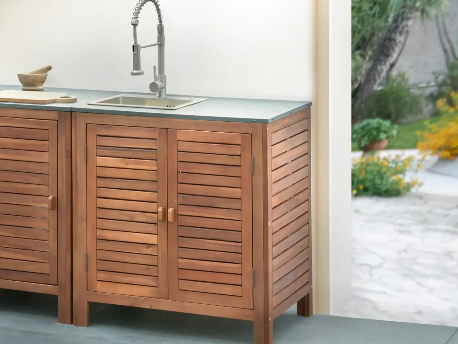 Mobile da cucina per esterni con lavello BRUCOLI Legno d'acacia Marrone/Argento