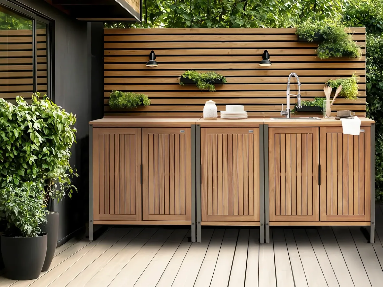 Mobile da cucina per esterni con lavello IVREA Legno di acacia certificato Marrone/Argento
