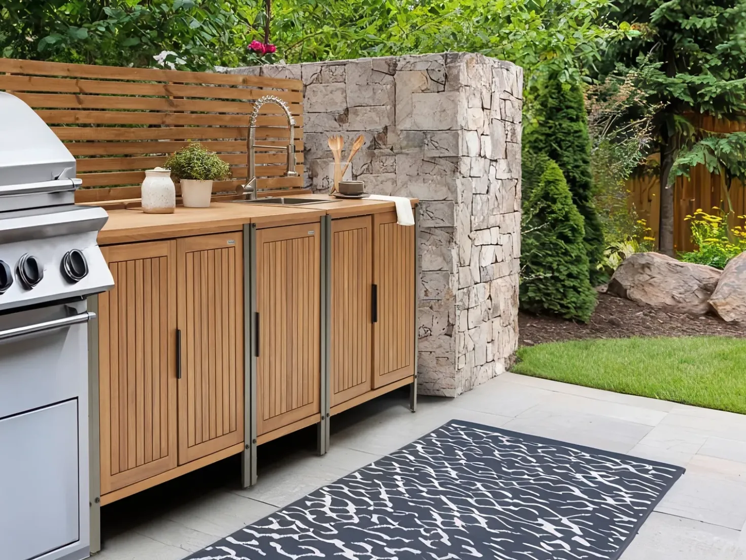 Mobile da cucina per esterni con lavello IVREA Legno di acacia certificato Marrone/Argento