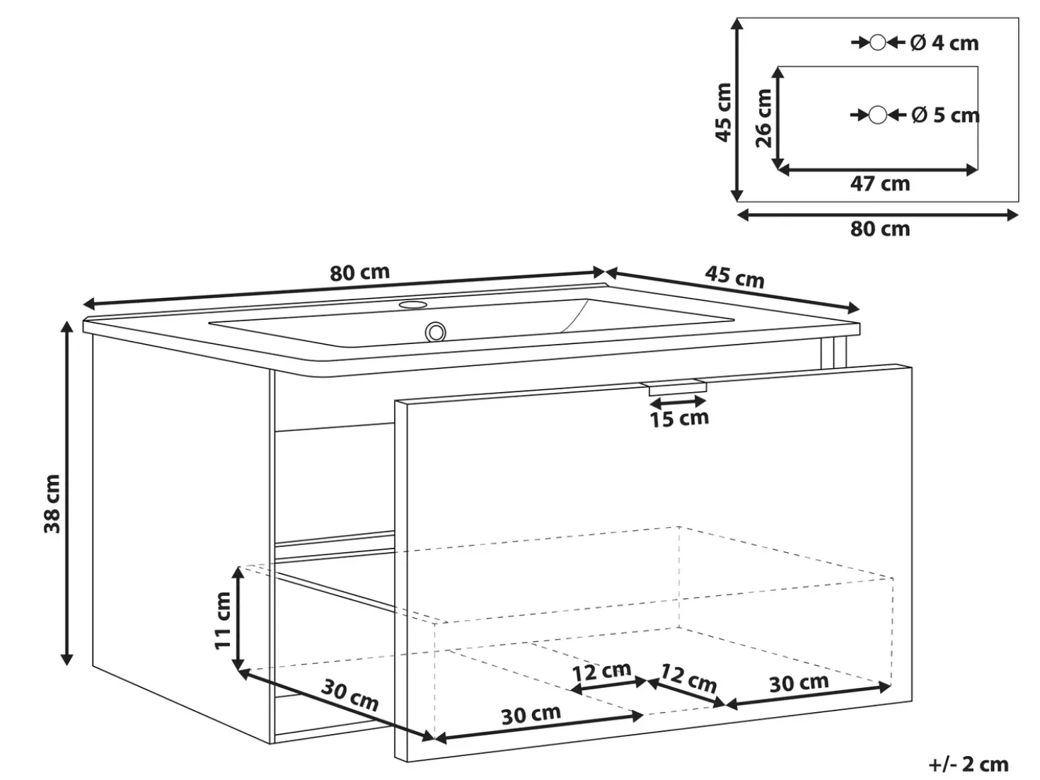 Mobile lavabo a parete con lavabo con impugnatura nera TILCARA Bianco