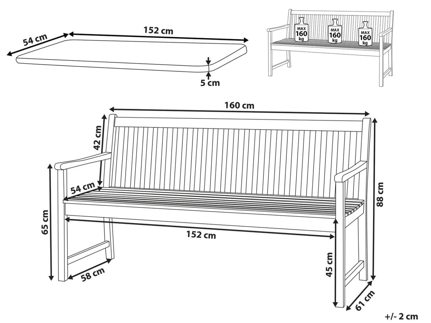 Panca da giardino con cuscino VIVARA 160 cm Legno di acacia certificato Frassino chiaro Rosso scuro
