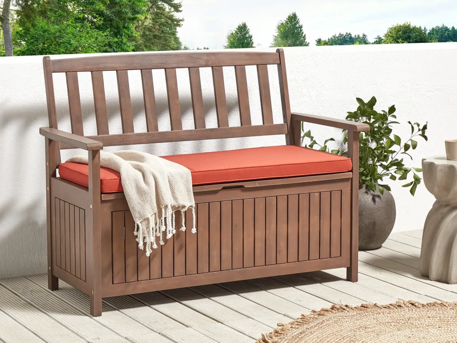 Panca da giardino con cuscino SOVANA 120 cm con contenitore Legno d'acacia Rosso