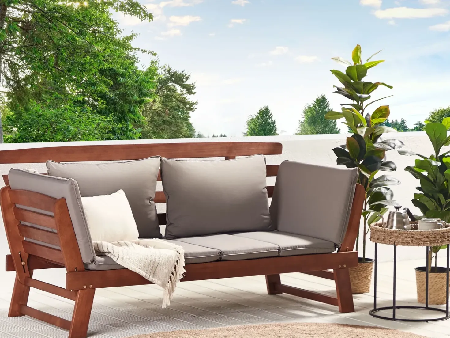 Panca da giardino con cuscino PORTICI 210 cm Legno d'eucalipto Marrone scuro/Tortora