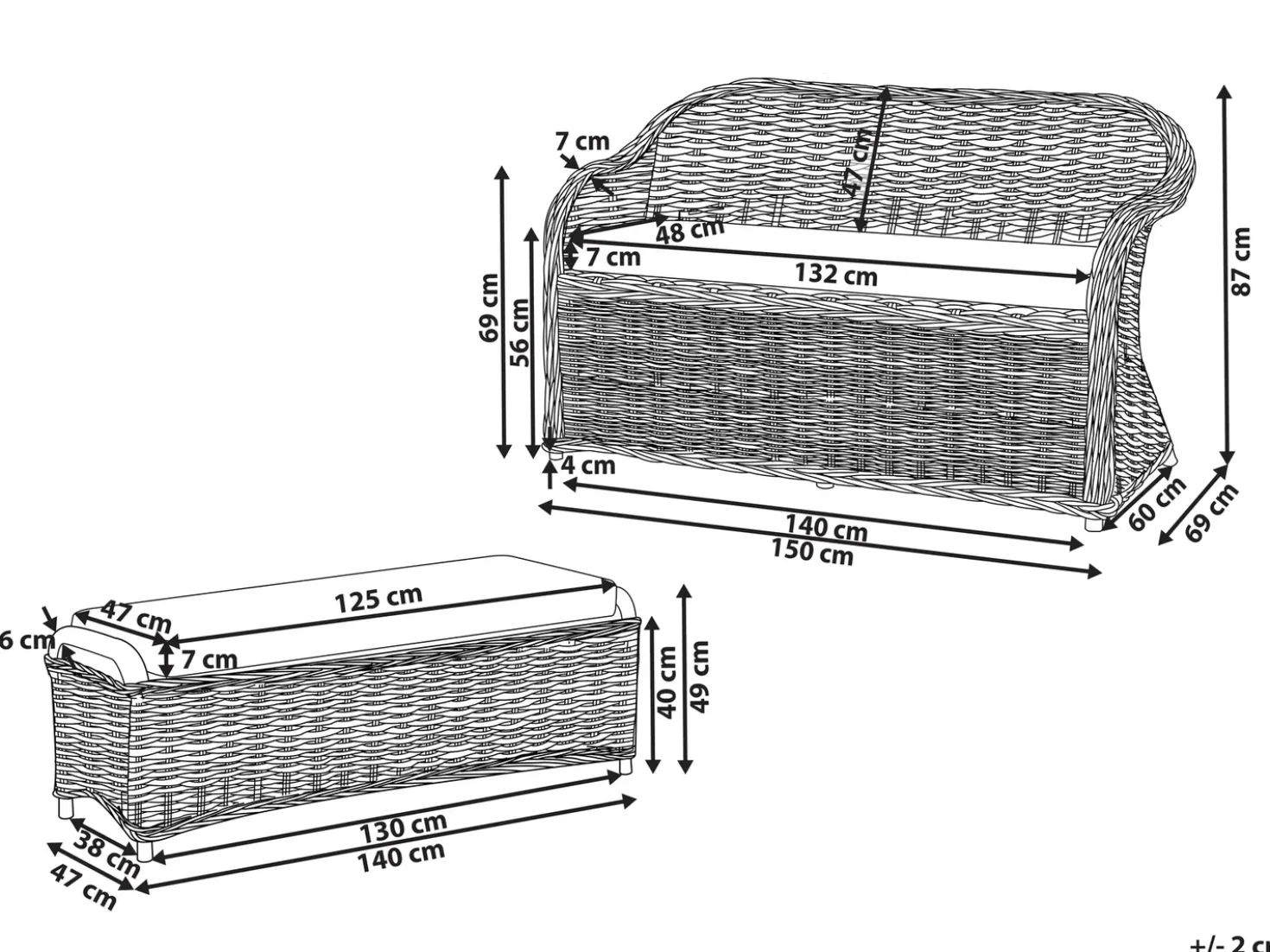 Panca da giardino con cuscino SUSUA 150 cm con ottomana Rattan Naturale