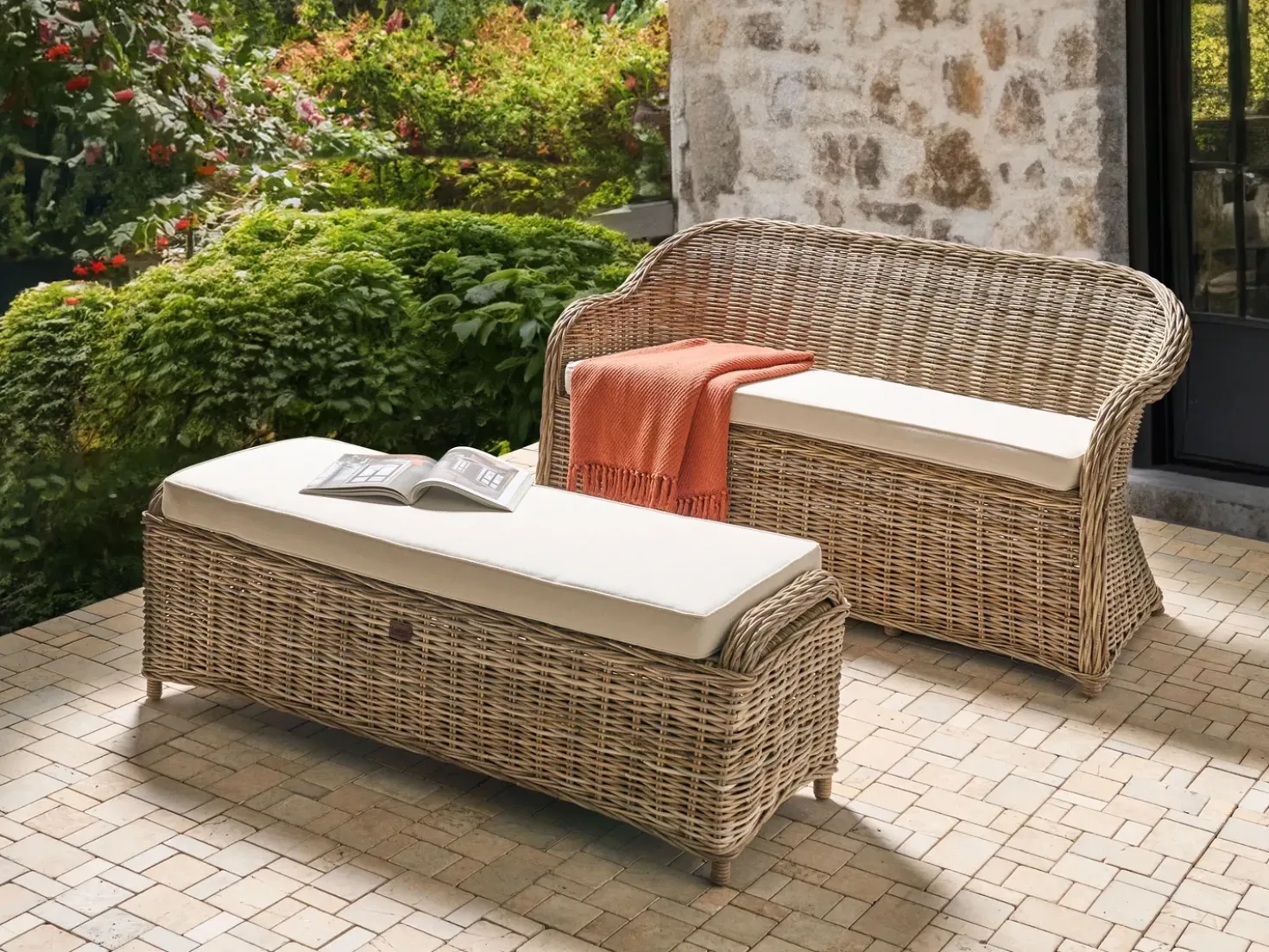 Panca da giardino con cuscino SUSUA 150 cm con ottomana Rattan Naturale