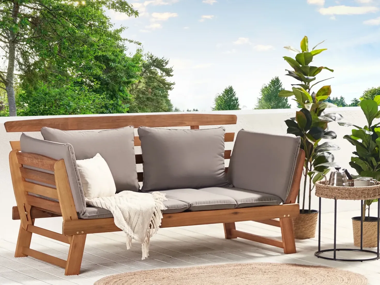 Panca da giardino con cuscino PORTICI 210 cm Legno d'eucalipto Marrone chiaro/Tortora