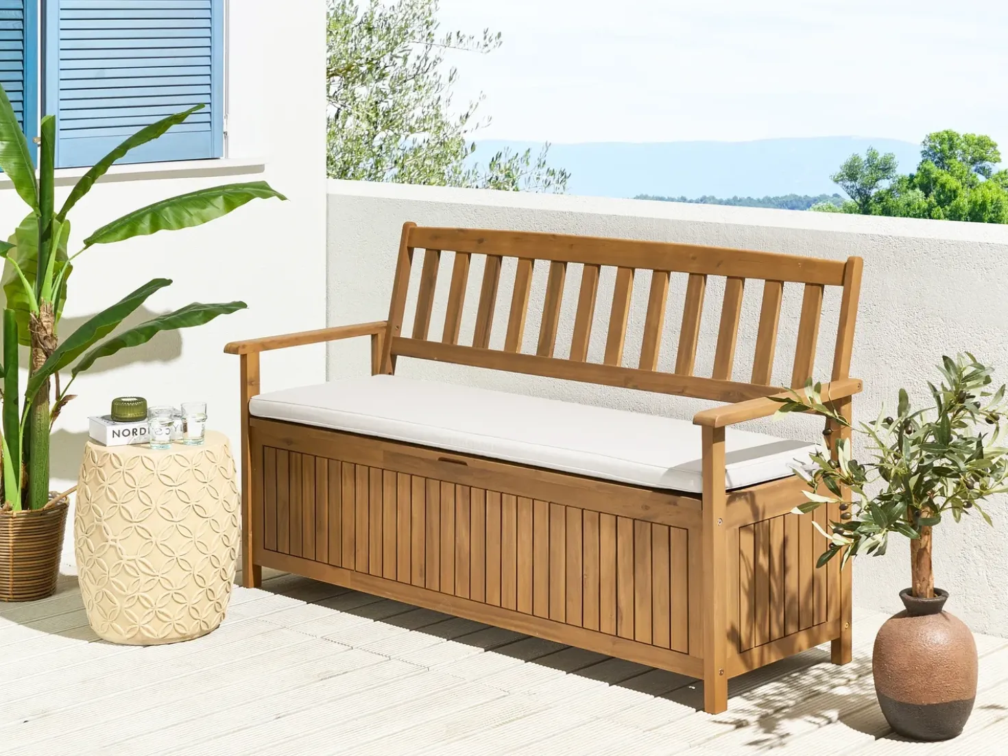 Panca da giardino con cuscino SOVANA 160 cm Legno d'acacia Bianco sporco