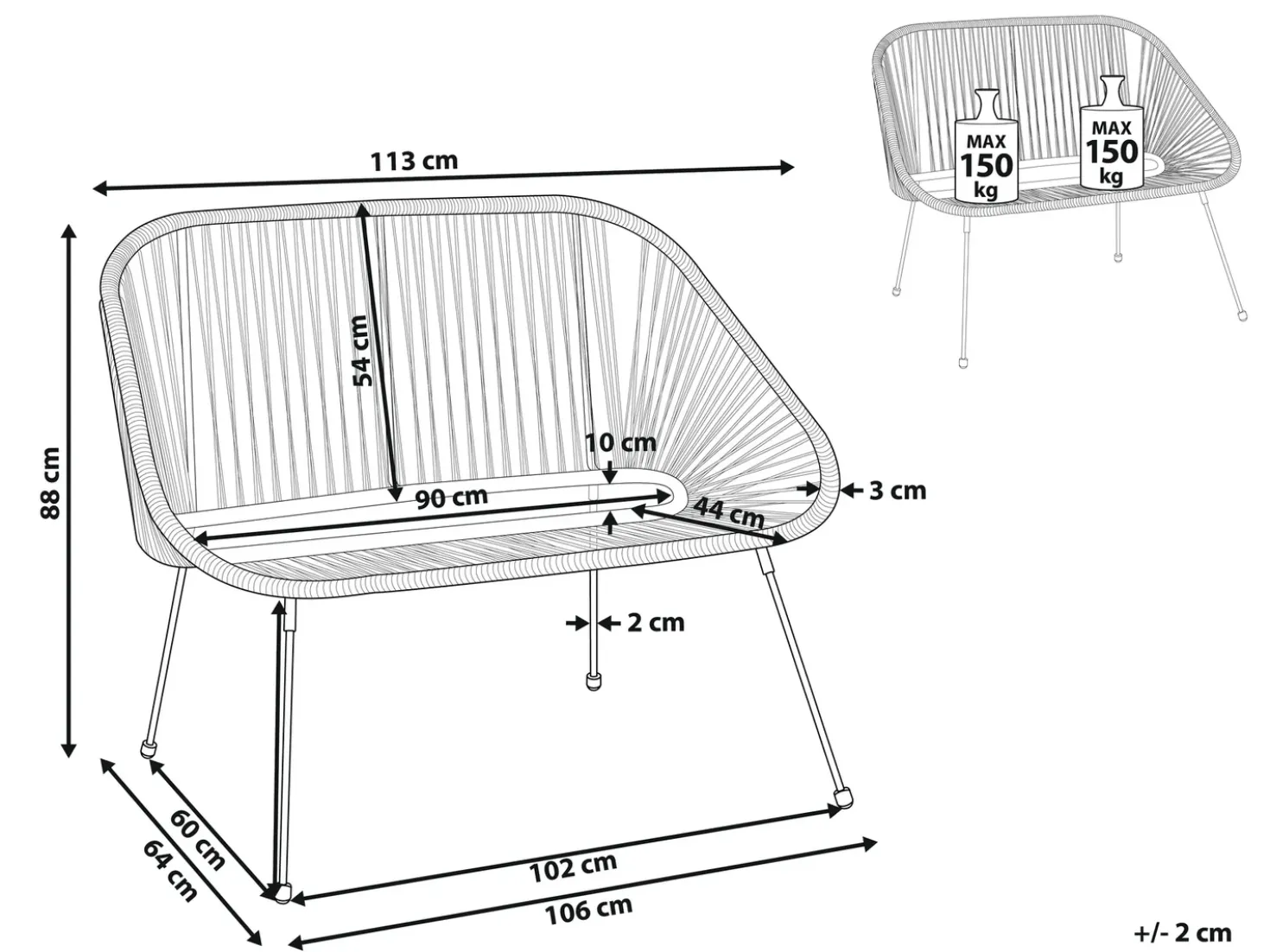 Panchina da giardino ACAPULCO II 113 cm Rattan sintetico (PE) Nero