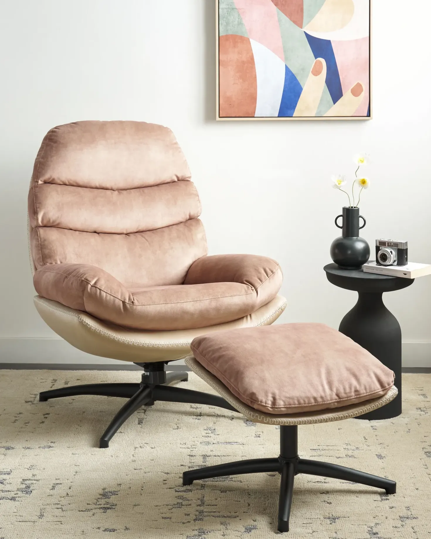 Poltrona girevole EIDE con poggiapiedi Velluto Beige sabbia