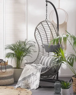 Poltrona sospesa con supporto da pavimento PINETO Rattan sintetico (PE) Grigio