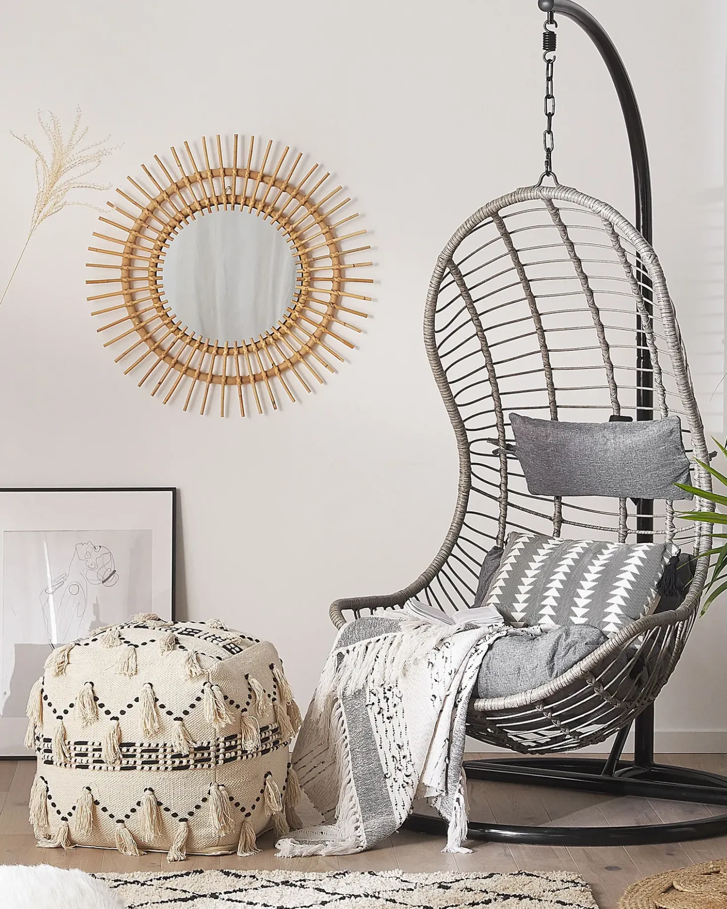 Poltrona sospesa con supporto da pavimento PINETO Rattan sintetico (PE) Grigio