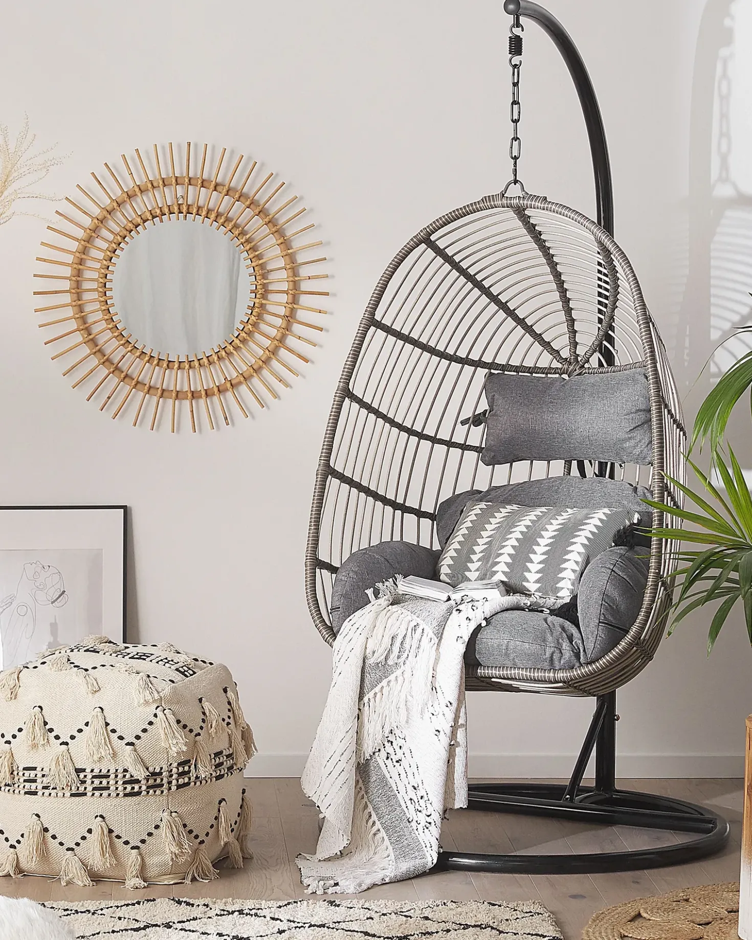Poltrona sospesa con supporto da pavimento CASOLI Rattan sintetico (PE) Grigio