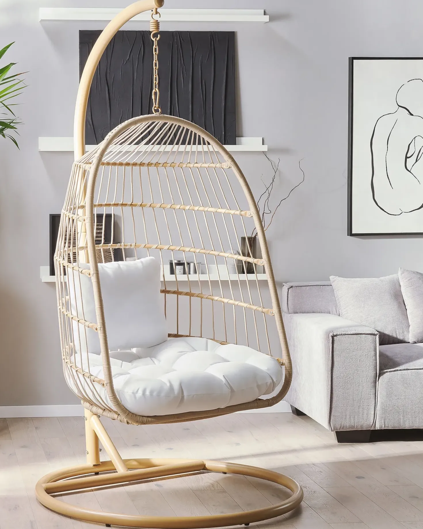 Poltrona sospesa con supporto da pavimento ALLERA Rattan sintetico (PE) Beige