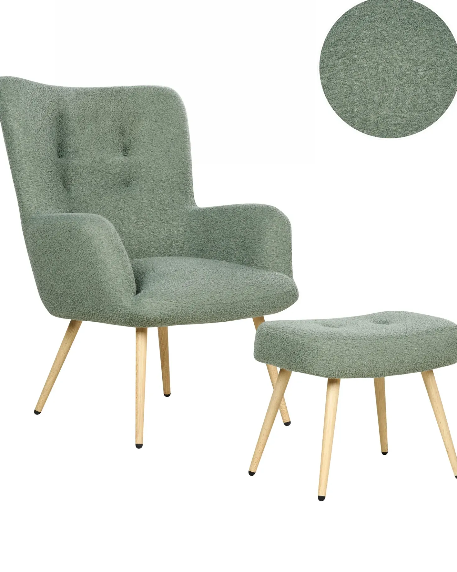 Poltrona Wingback VEJLE con poggiapiedi Bouclé Verde chiaro