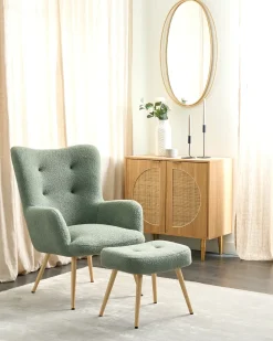 Poltrona Wingback VEJLE con poggiapiedi Bouclé Verde chiaro