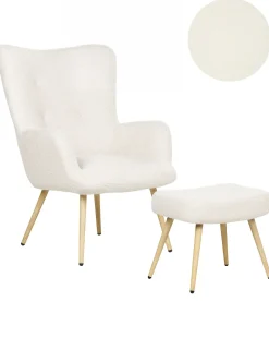 Poltrona Wingback VEJLE con poggiapiedi Bouclé Bianco sporco