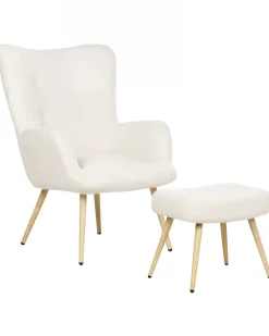 Poltrona Wingback VEJLE con poggiapiedi Bouclé Bianco sporco
