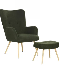 Poltrona Wingback VEJLE con poggiapiedi Bouclé Verde scuro