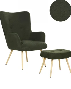 Poltrona Wingback VEJLE con poggiapiedi Bouclé Verde scuro