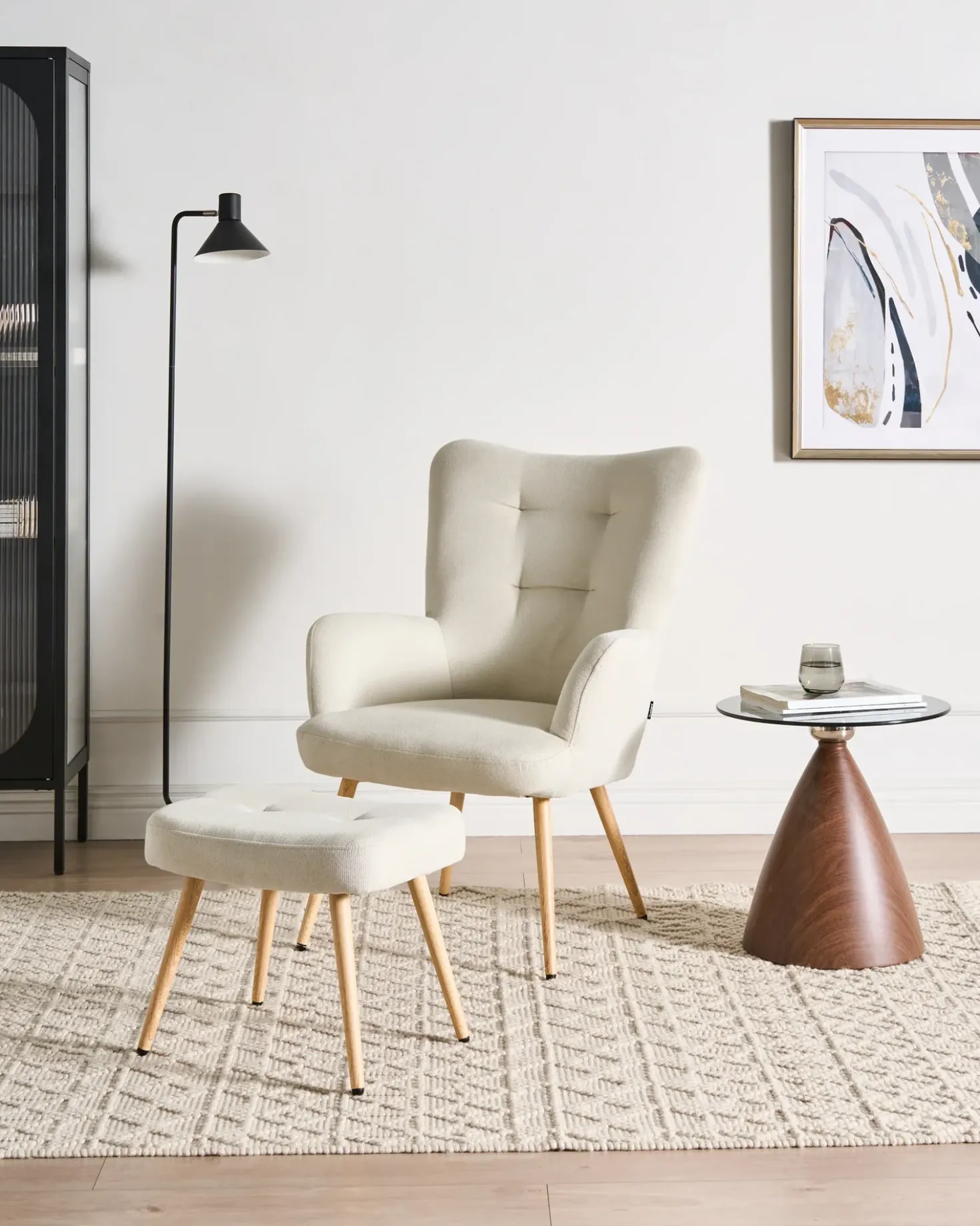 Poltrona Wingback VEJLE con poggiapiedi Tessuto Beige chiaro