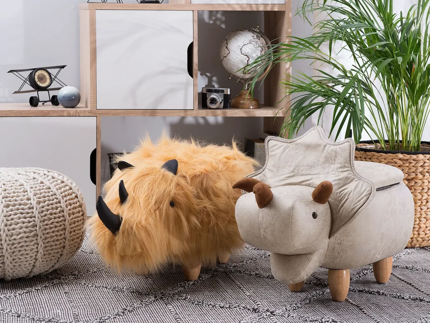 Pouf animaletto contenitore TRICERATOPS Tessuto Grigio chiaro Dinosauro
