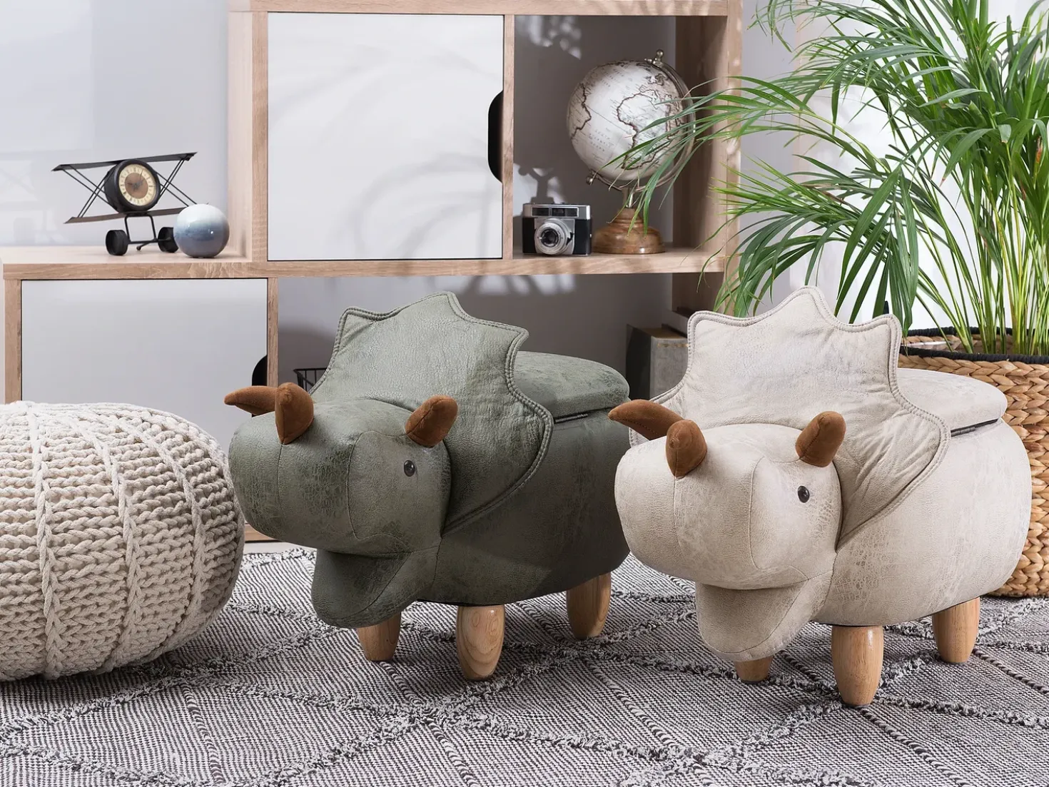 Pouf animaletto contenitore TRICERATOPS Tessuto Grigio chiaro Dinosauro
