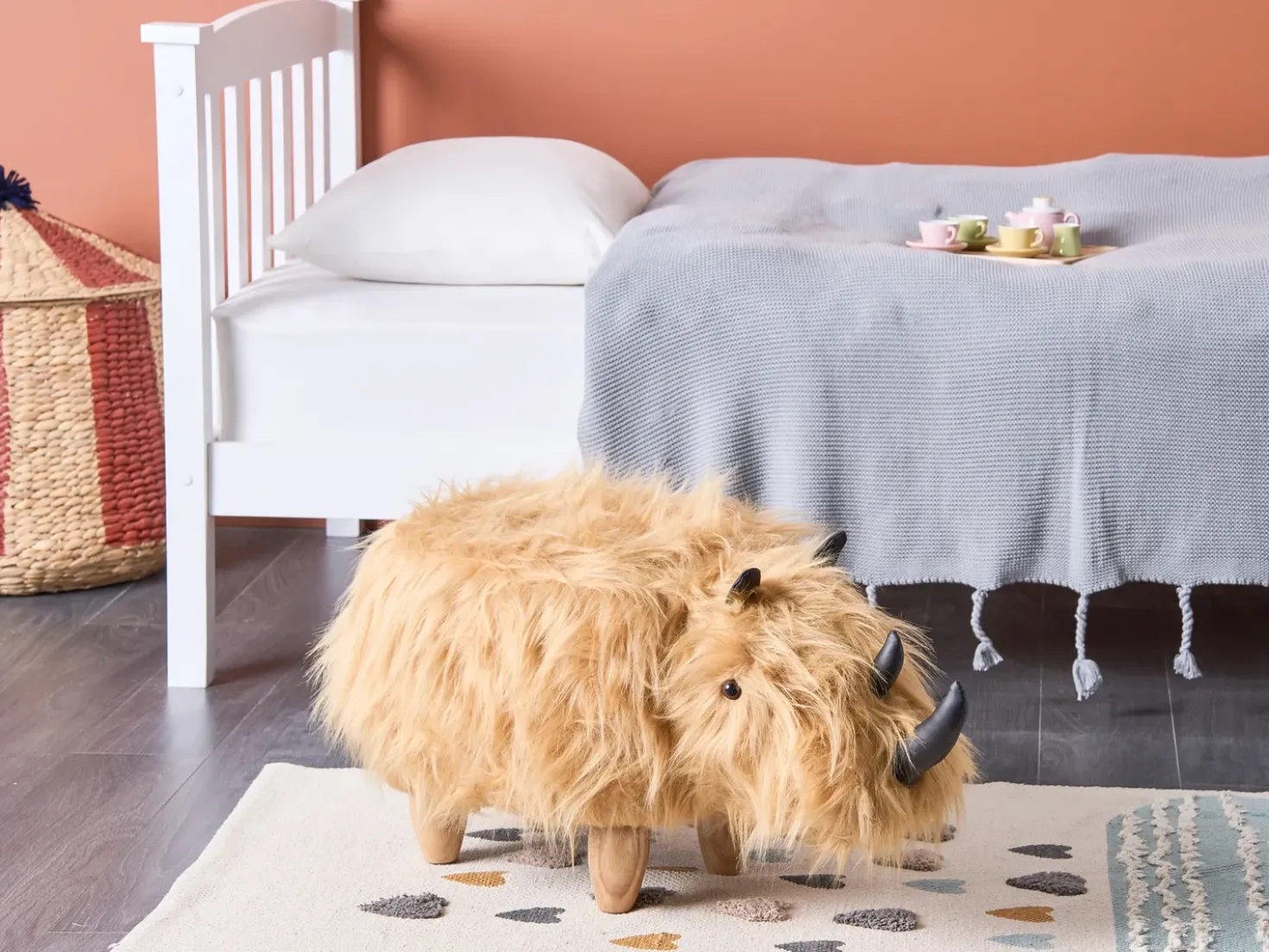 Pouf animaletto WOOLLY Finta pelliccia Beige sabbia Rinocerone