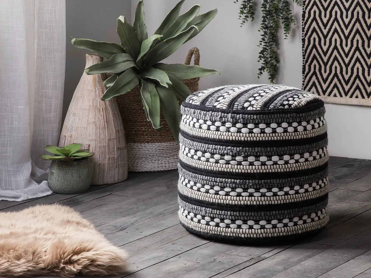 Pouf GUNTUR Lana Nero/Bianco