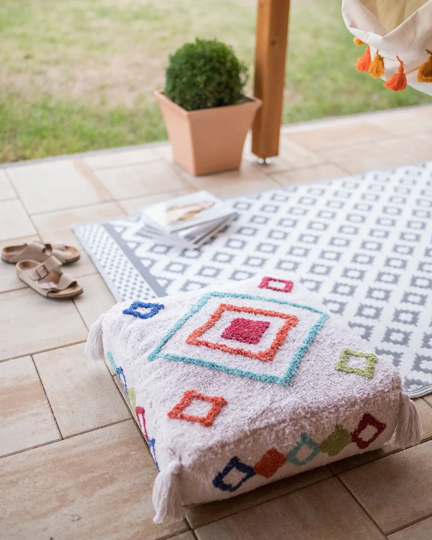 Pouf Ricamato SEERANI Cotone Bianco