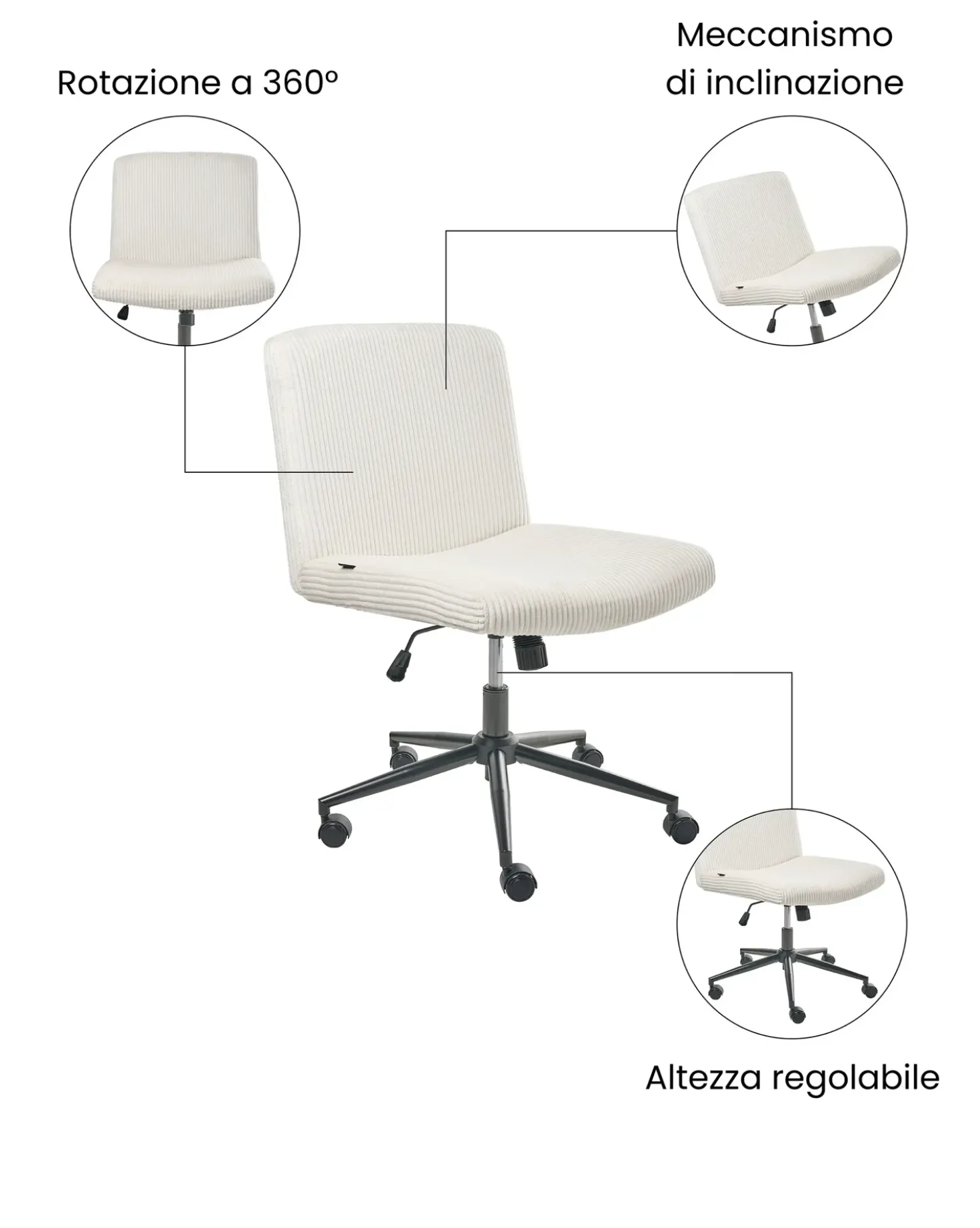 Sedia da scrivania GEDDES Velluto a coste Bianco