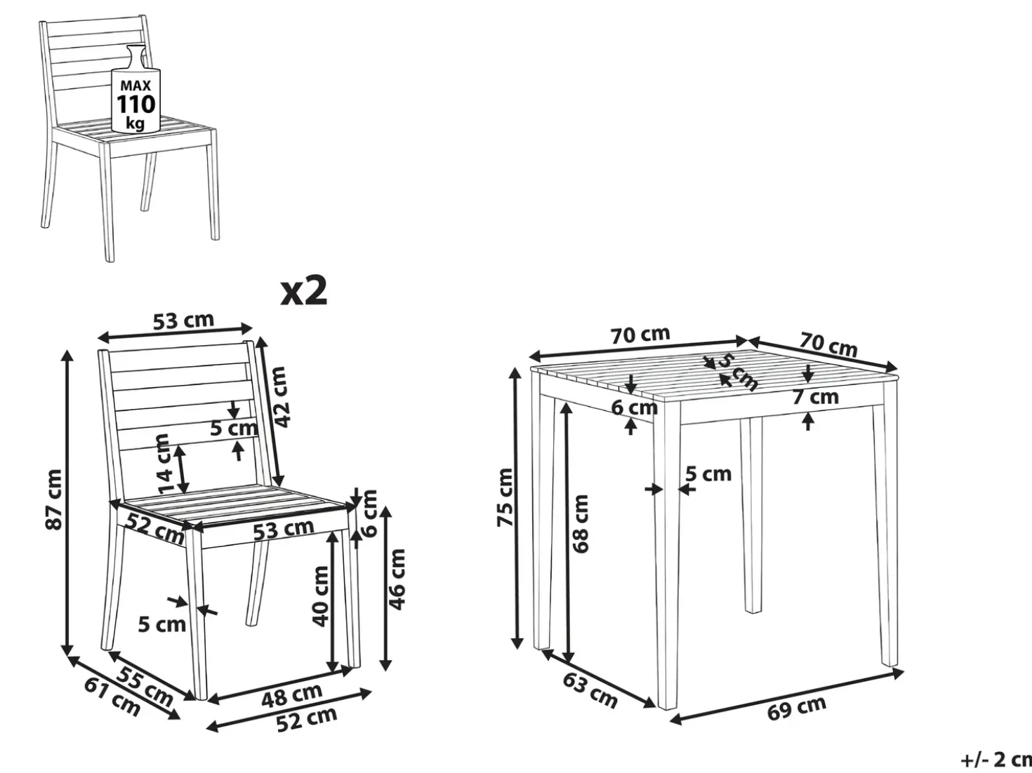 Set bistrot CHIOGGIA Legno di acacia certificato Marrone chiaro