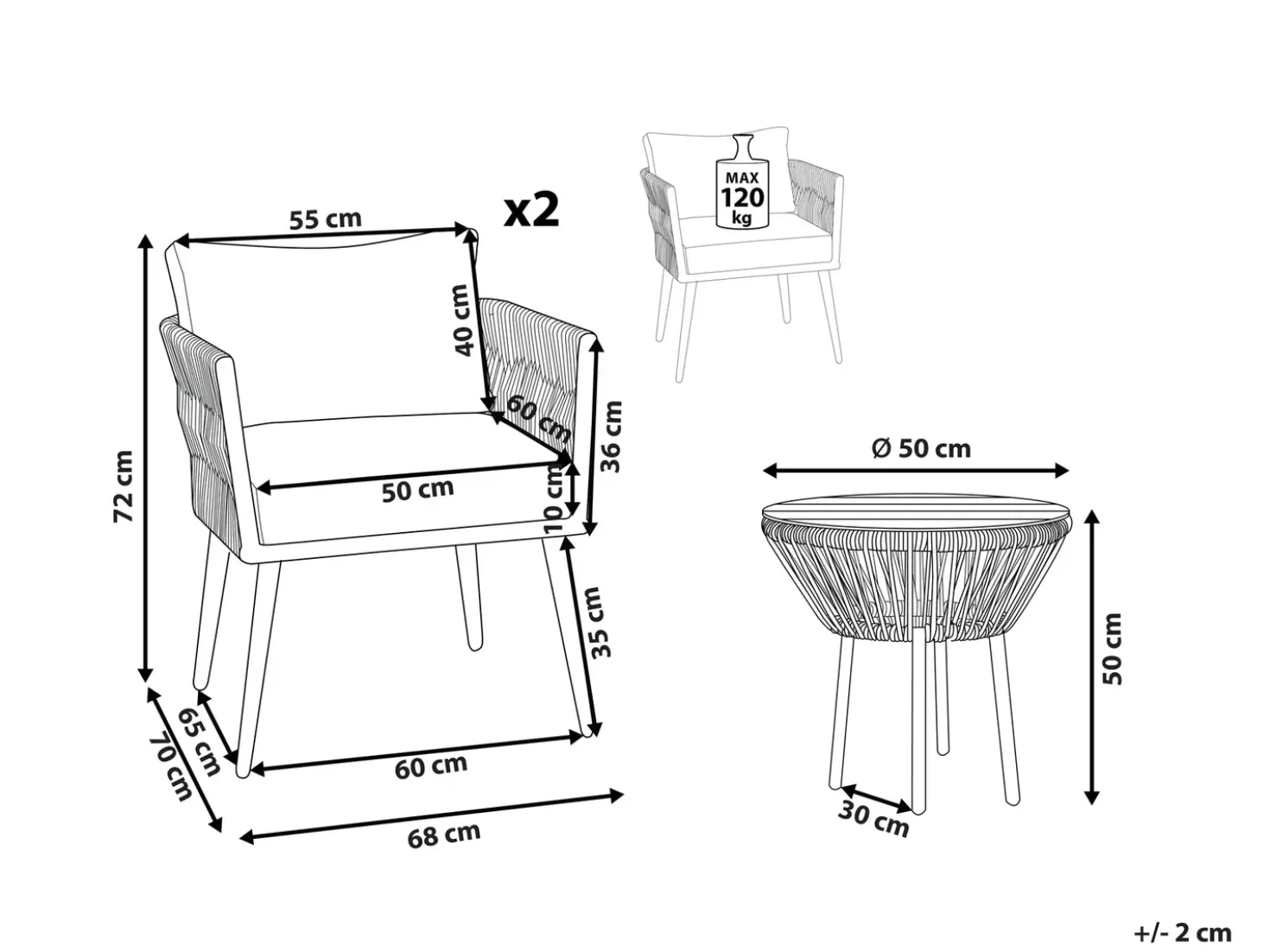 Set bistrot con cuscini GARGANO Rattan sintetico (PE) Grigio