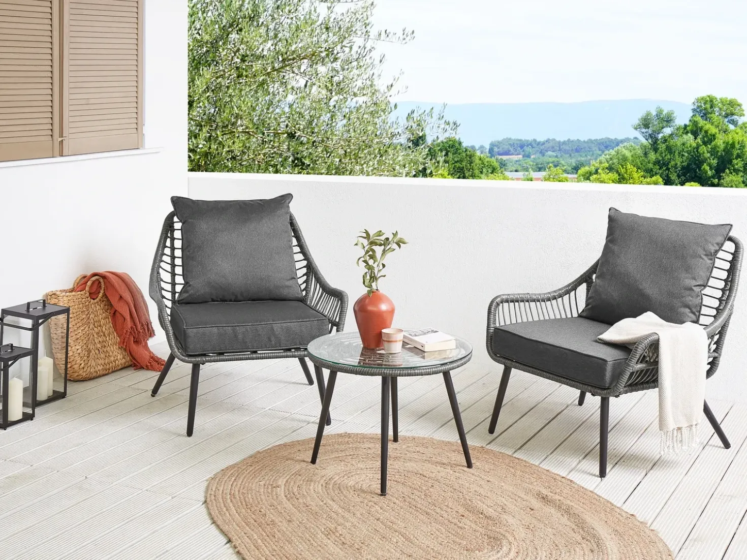 Set bistrot con cuscini LAURETO Rattan sintetico (PE) Grigio