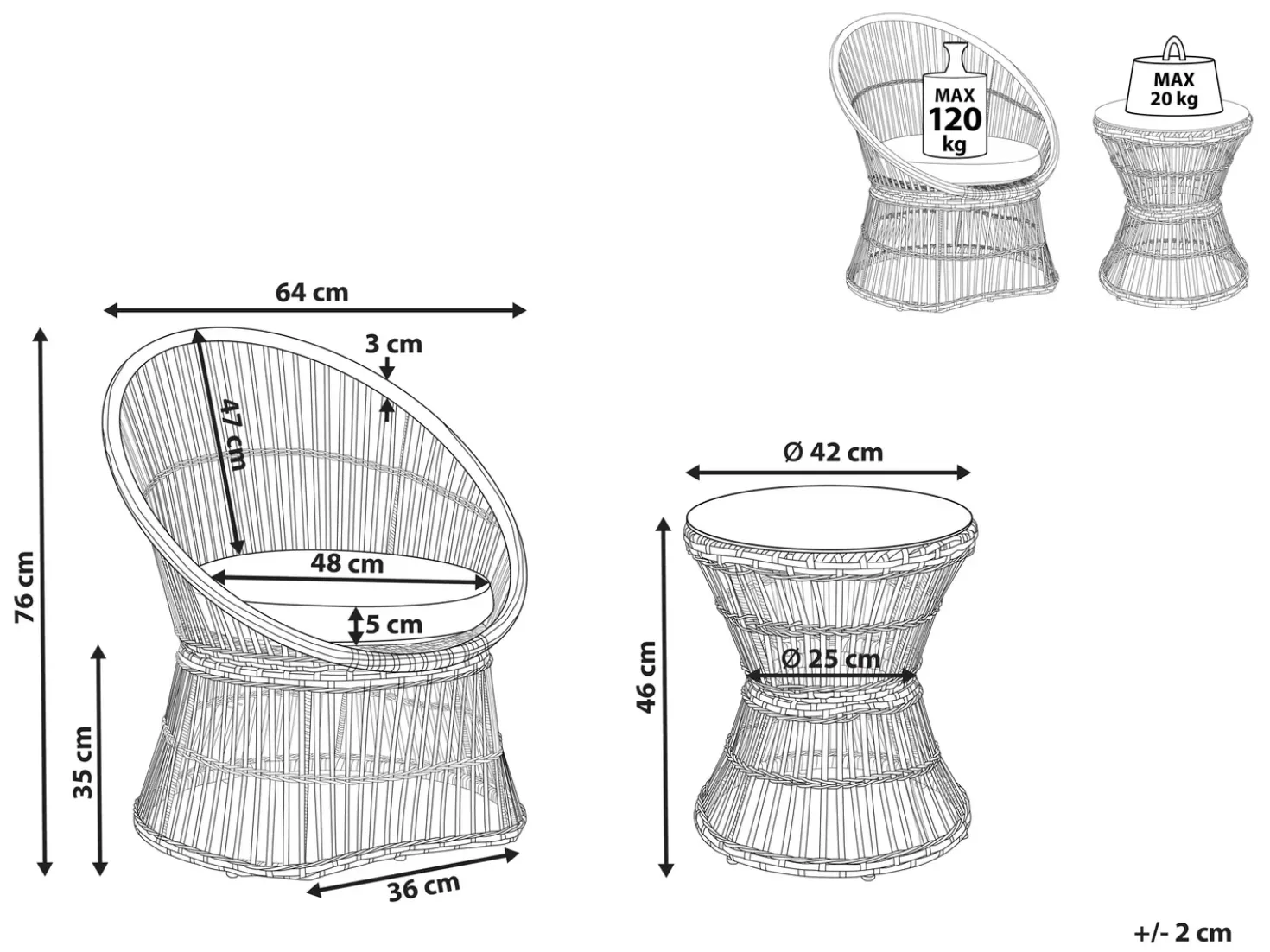 Set bistrot con cuscini MESYNA Rattan sintetico (PE) Tortora