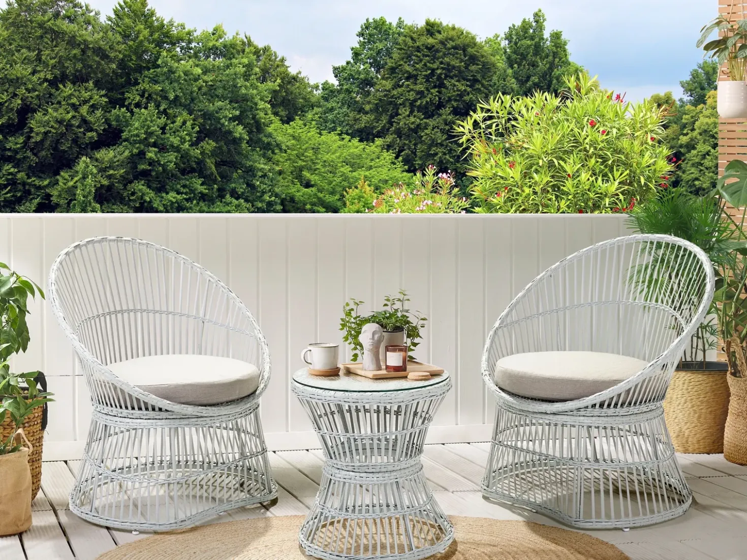 Set bistrot con cuscini MESYNA Rattan sintetico (PE) Bianco