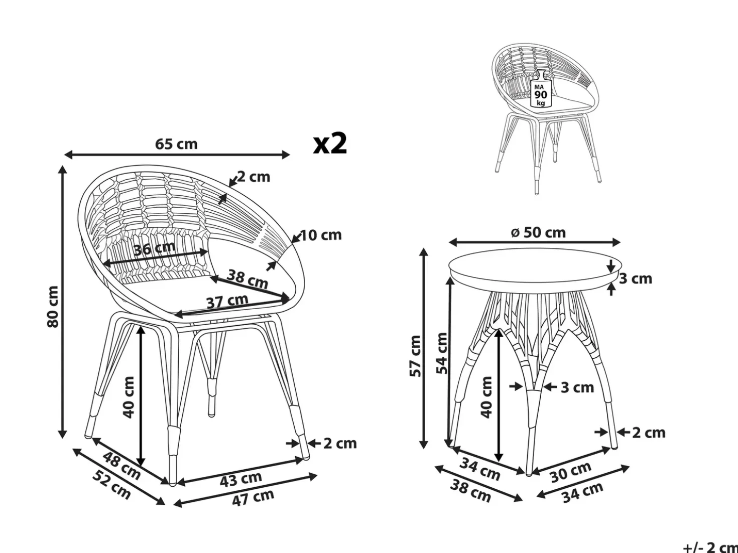 Set bistrot con cuscini PELLARO Rattan sintetico (PE) Nero