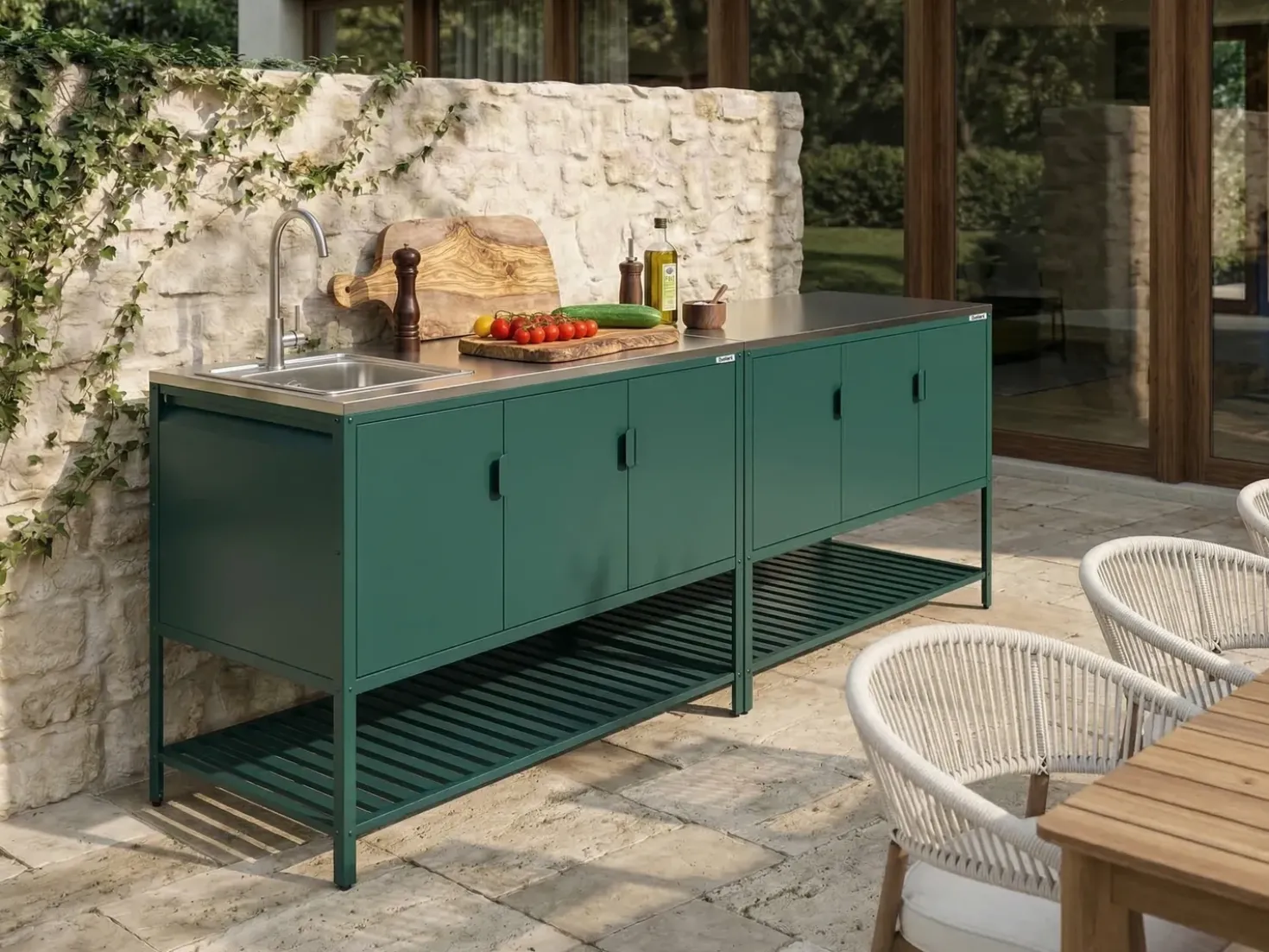 Set cucina da esterno 2 elementi con lavello MAENZA Metallo Verde