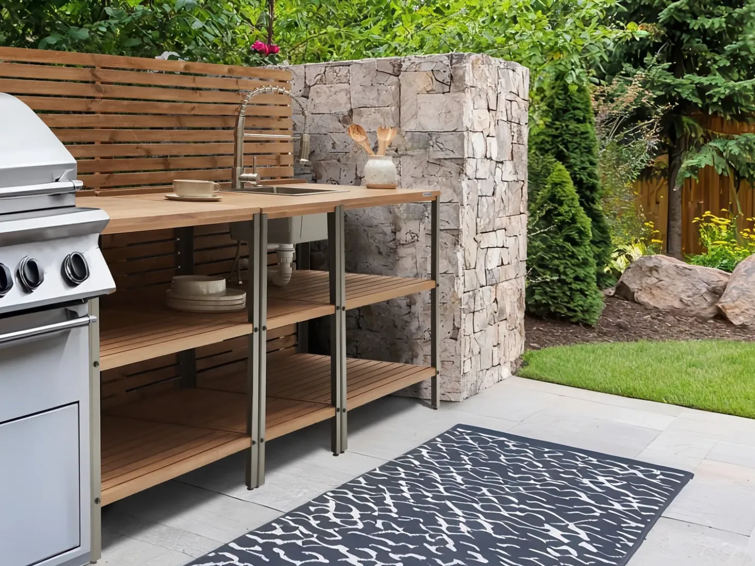 Set cucina da esterno 3 elementi con lavello IVREA Legno di acacia certificato Marrone/Argento
