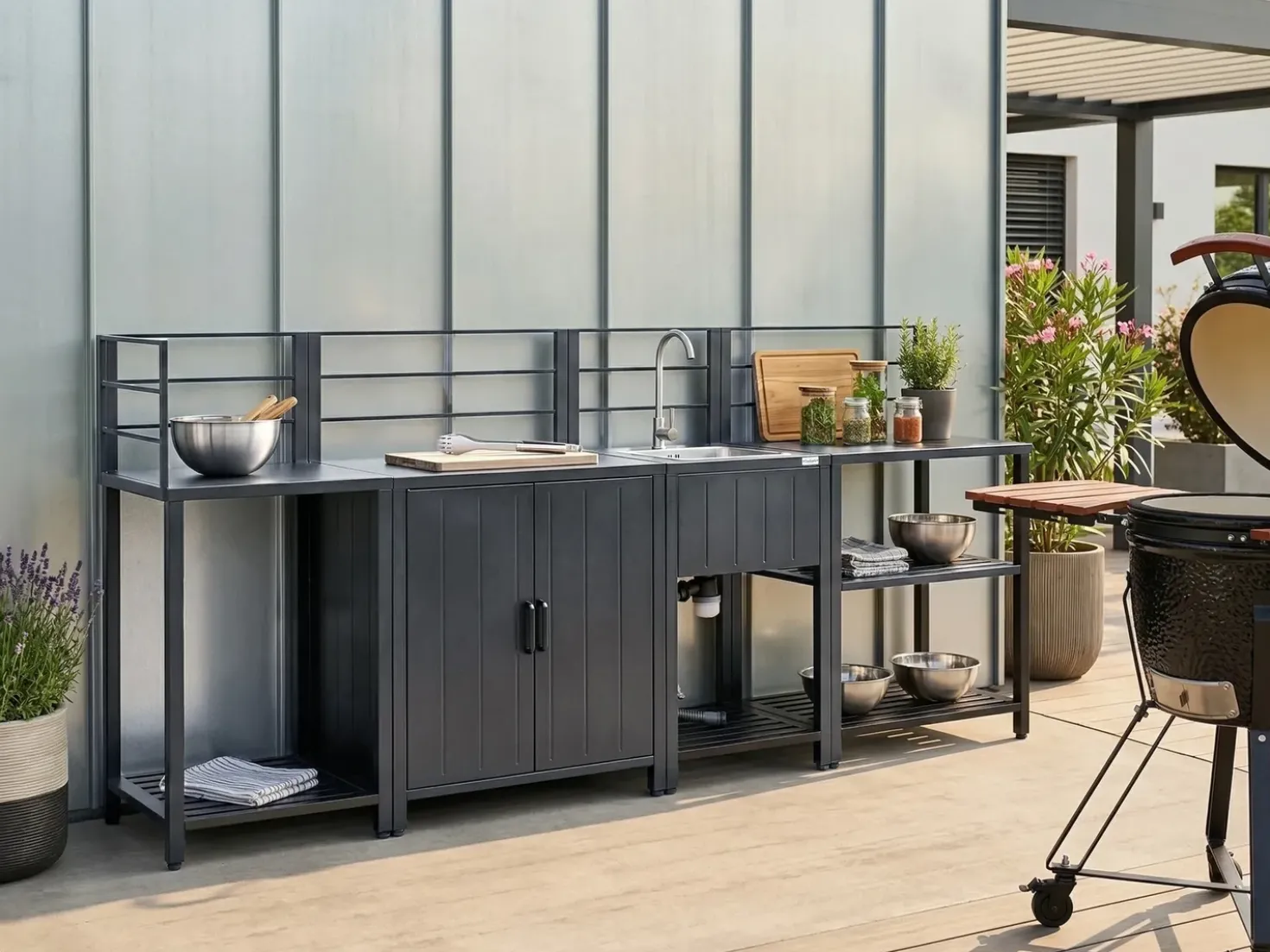 Set cucina da esterno 4 elementi con lavello VIGGIANO Metallo Grigio grafite