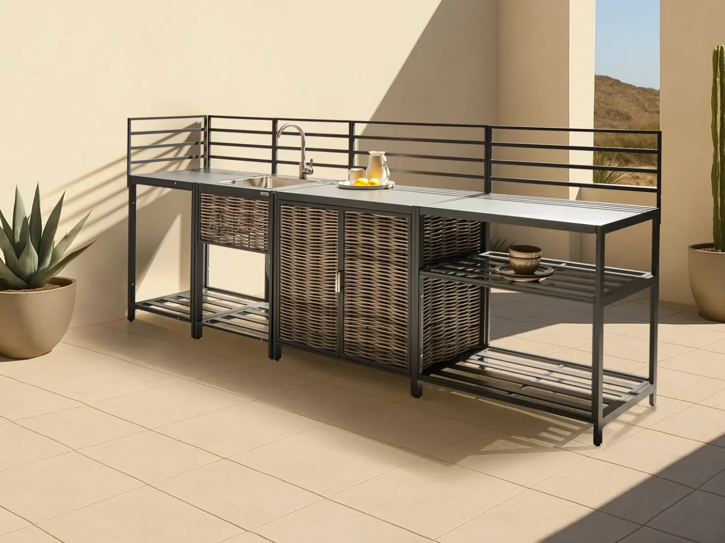 Set cucina da esterno 4 elementi con lavello MIRADOR Rattan sintetico (PE) Grigio