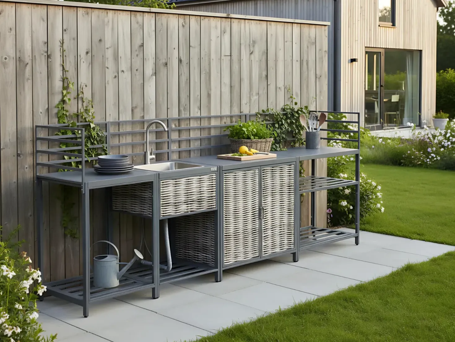Set cucina da esterno 4 elementi con lavello MIRADOR Rattan sintetico (PE) Grigio