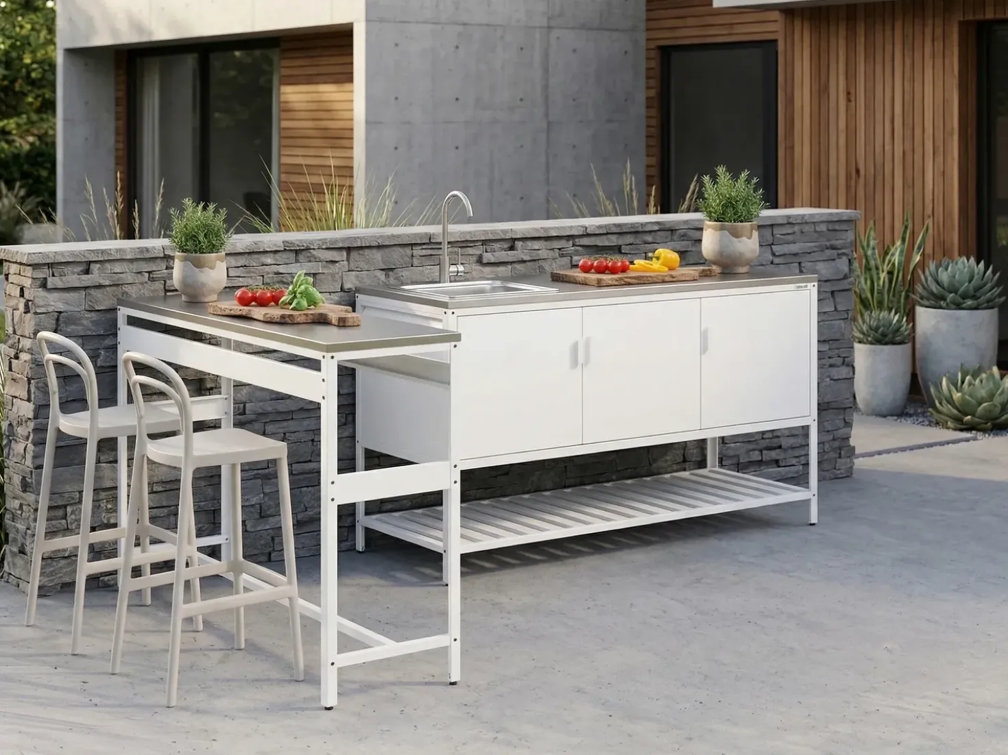 Set cucina da esterno 2 elementi con tavolo da bar MAENZA Metallo Bianco