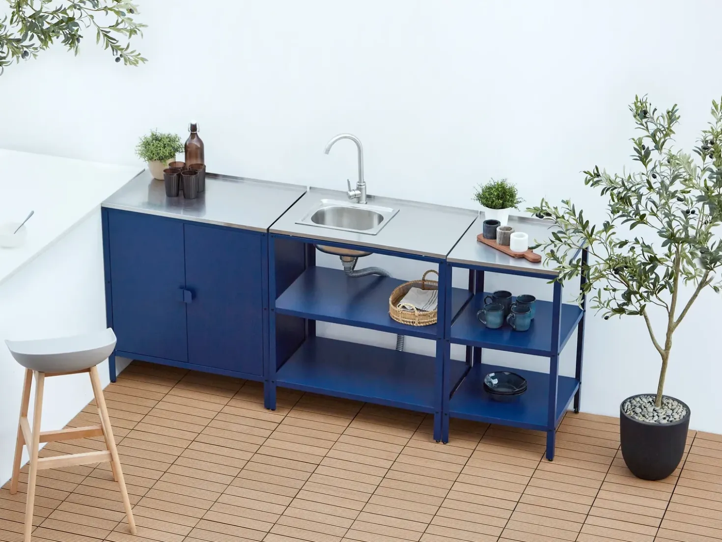 Set cucina da esterno 3 elementi con lavello VILAMA Metallo Blu