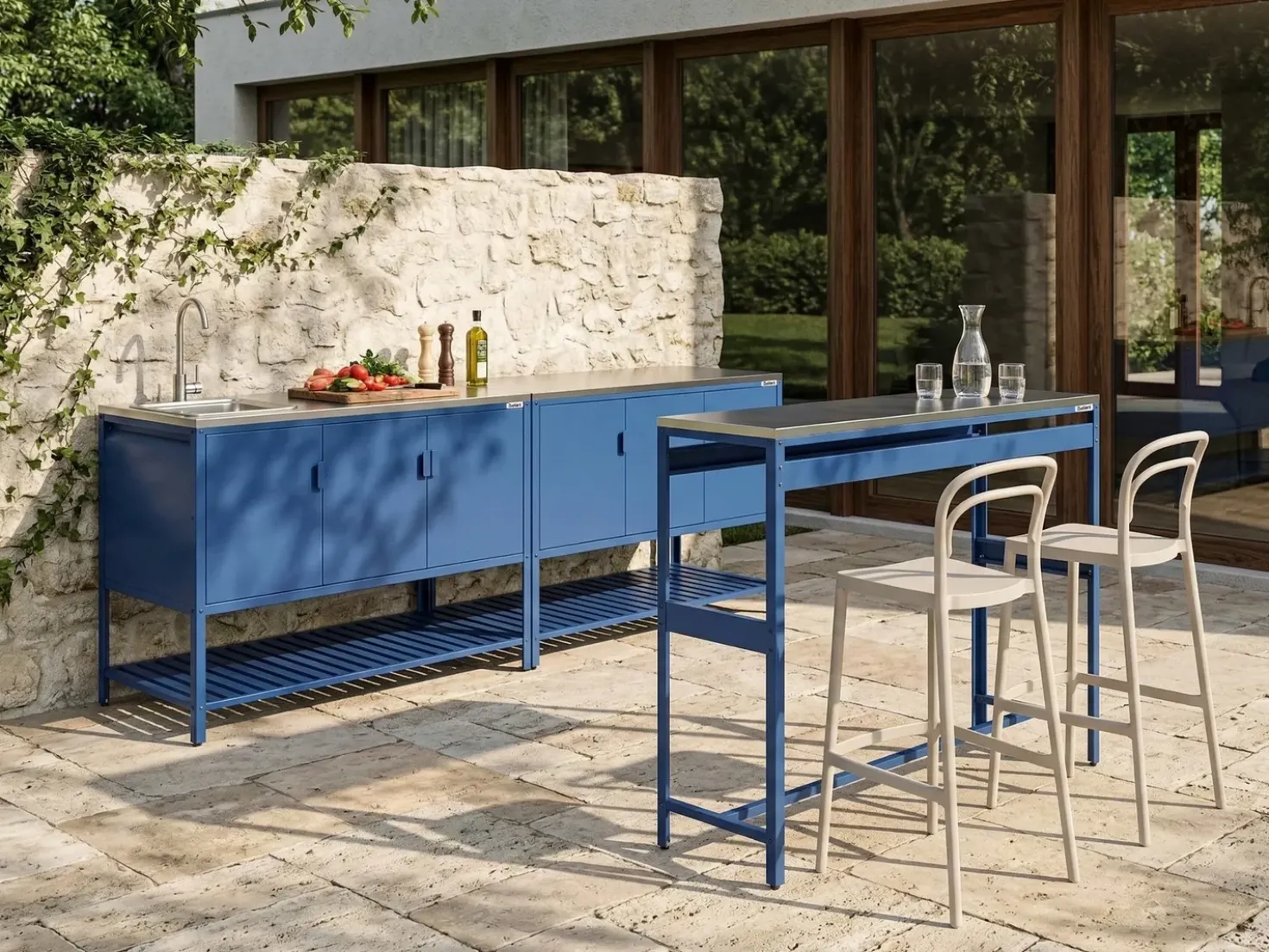 Set cucina da esterno 3 elementi con lavello MAENZA Metallo Blu