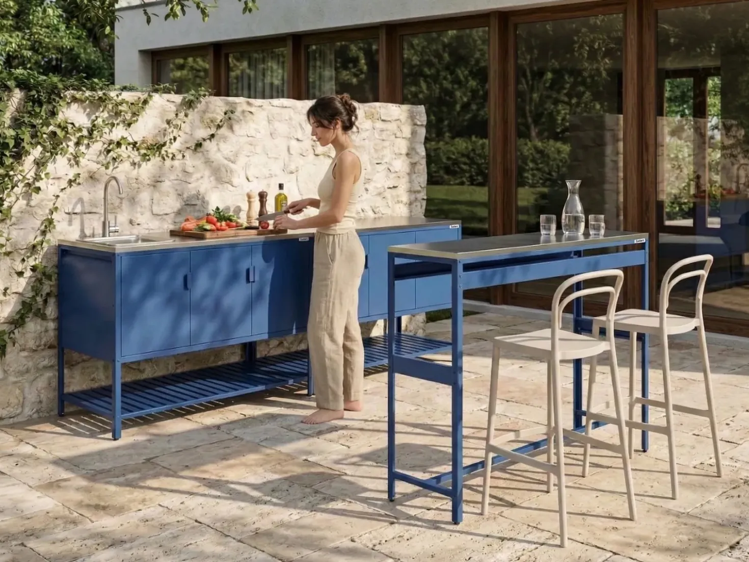 Set cucina da esterno 3 elementi con lavello MAENZA Metallo Blu