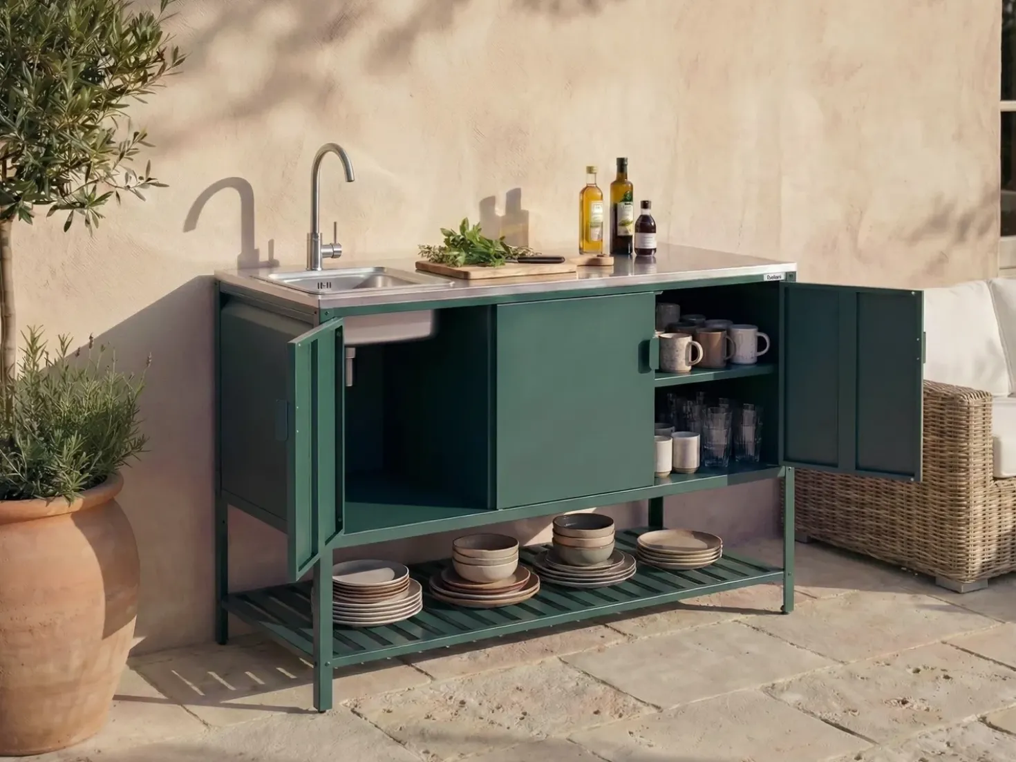 Set cucina da esterno 2 elementi con lavello MAENZA Metallo Verde