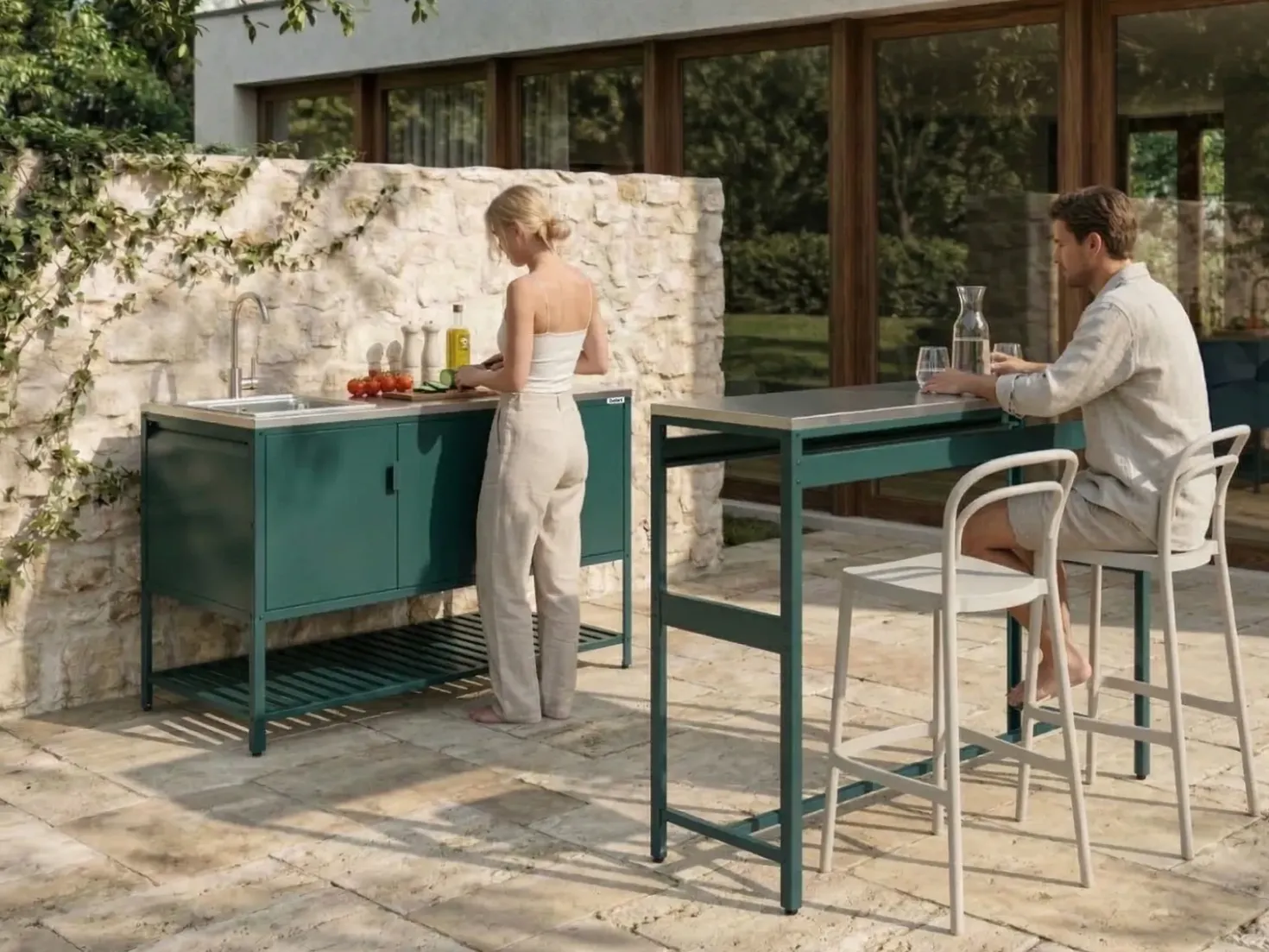 Set cucina da esterno 2 elementi con lavello MAENZA Metallo Verde