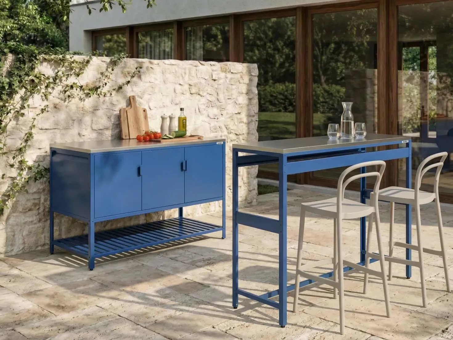 Set cucina da esterno 2 elementi con tavolo da bar MAENZA Metallo Blu